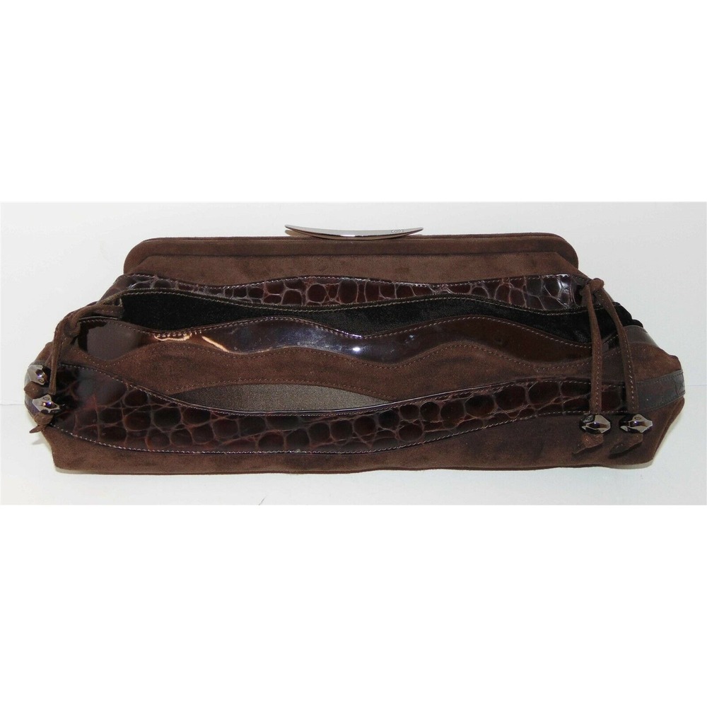 Escada Brown Suede Leather Croc Patent Leather Clutch Bag